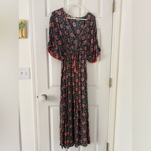 World Market Black Maxi Dress with Coral Floral Print